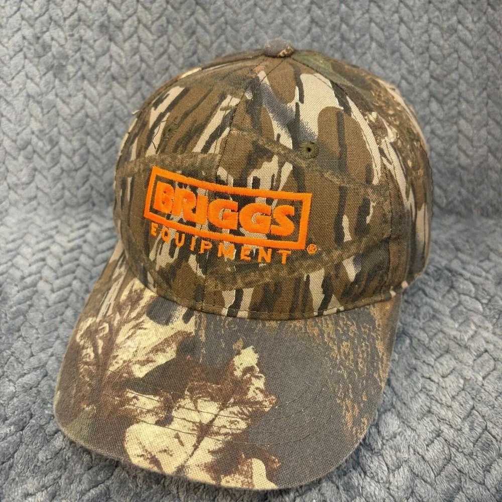Briggs Equipment Camo Baseball Hat Orange Embroidered Logo Adjustable Cap